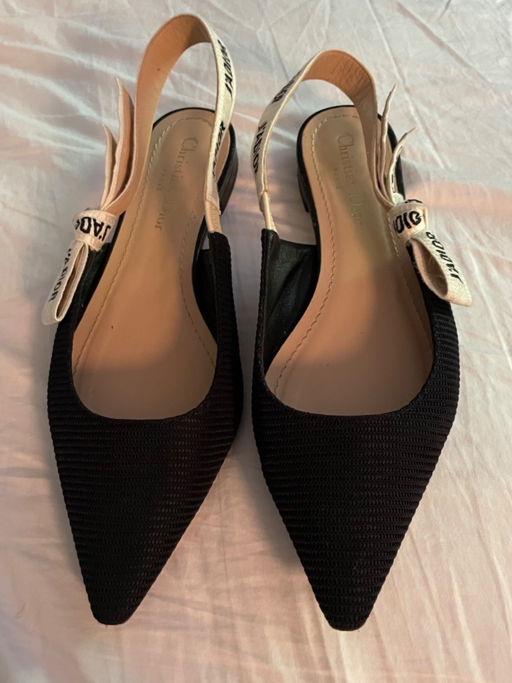 $990 Christian Dior Black Technical Canvas Ribbon J Adior Slingback Flats Sz 37